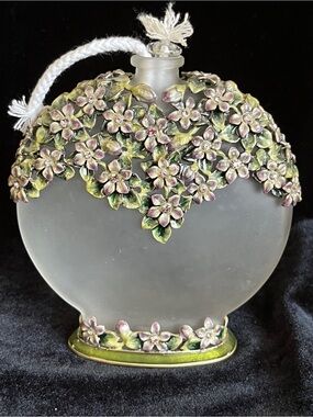 Jeweled Oil Lamp Decanter Purple Plumeria, Austrian Crystals, Royal Gem Collect